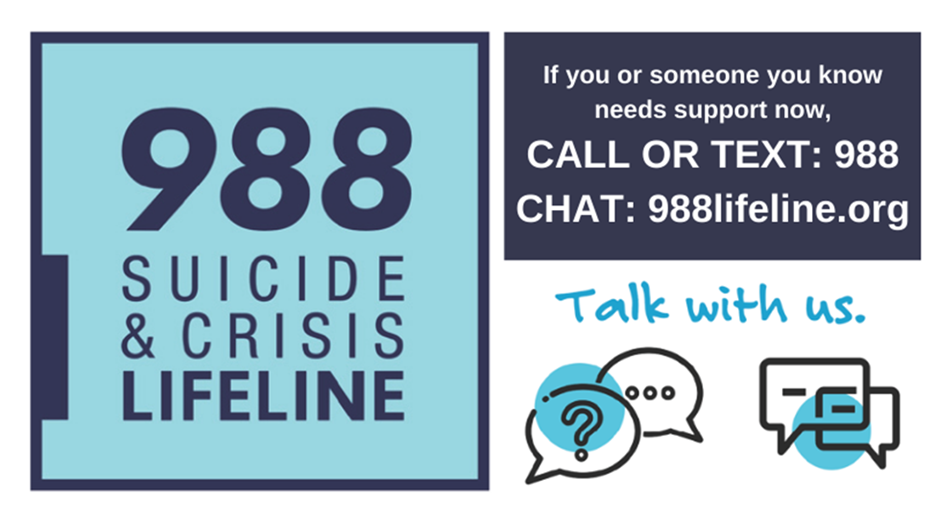988 Suicide & Crisis Lifeline If you or someone you know needs support now. Call or Text: 988. Chat: 988lifeline.org. Talk with us.