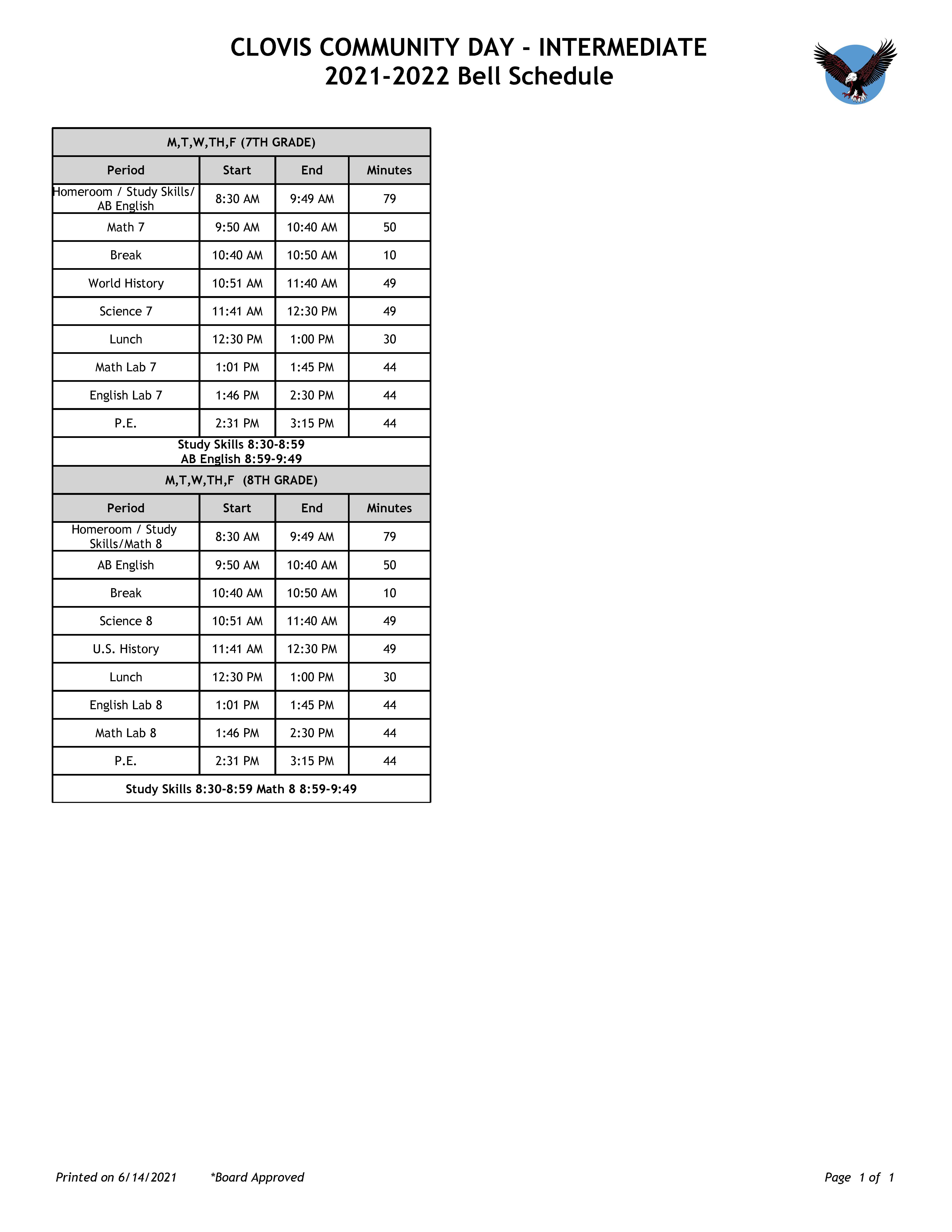 CCDS Intermediate Bell Schedule - full copy downloadable below