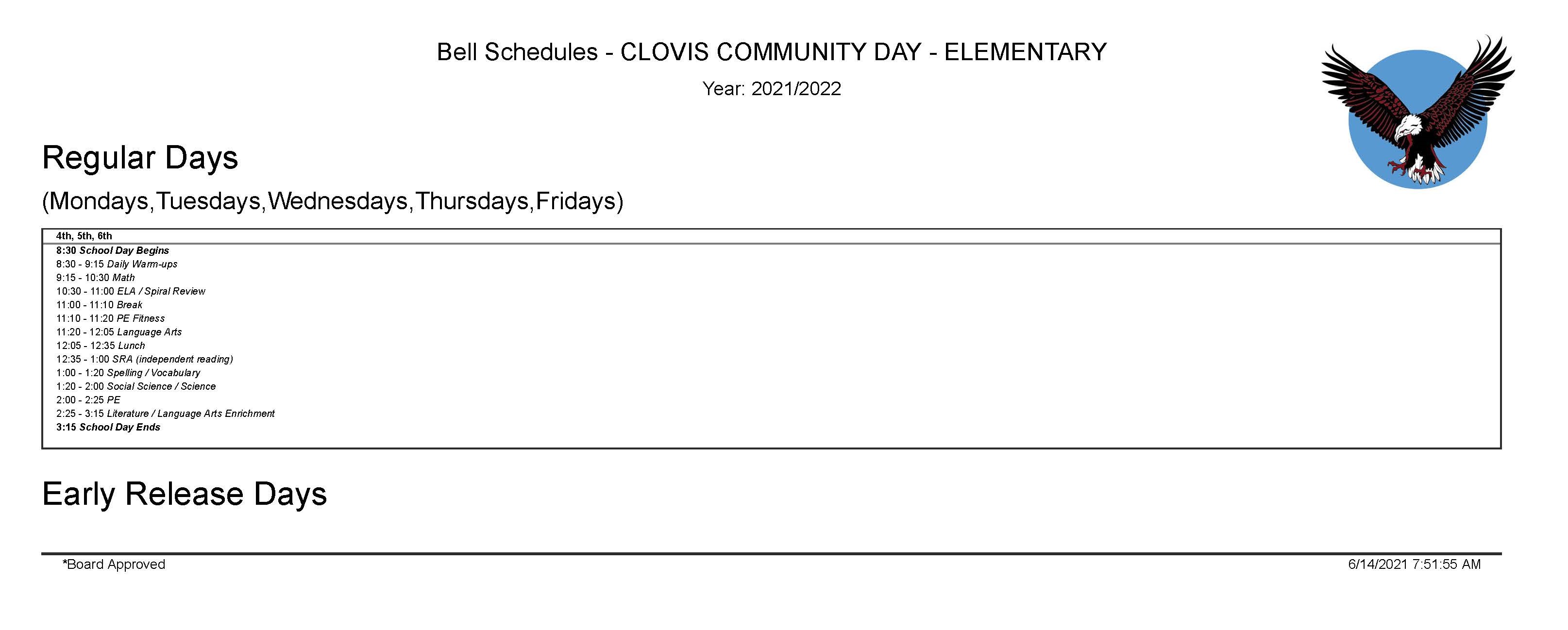 CCDS Elementary Bell Schedule - full copy downloadable below