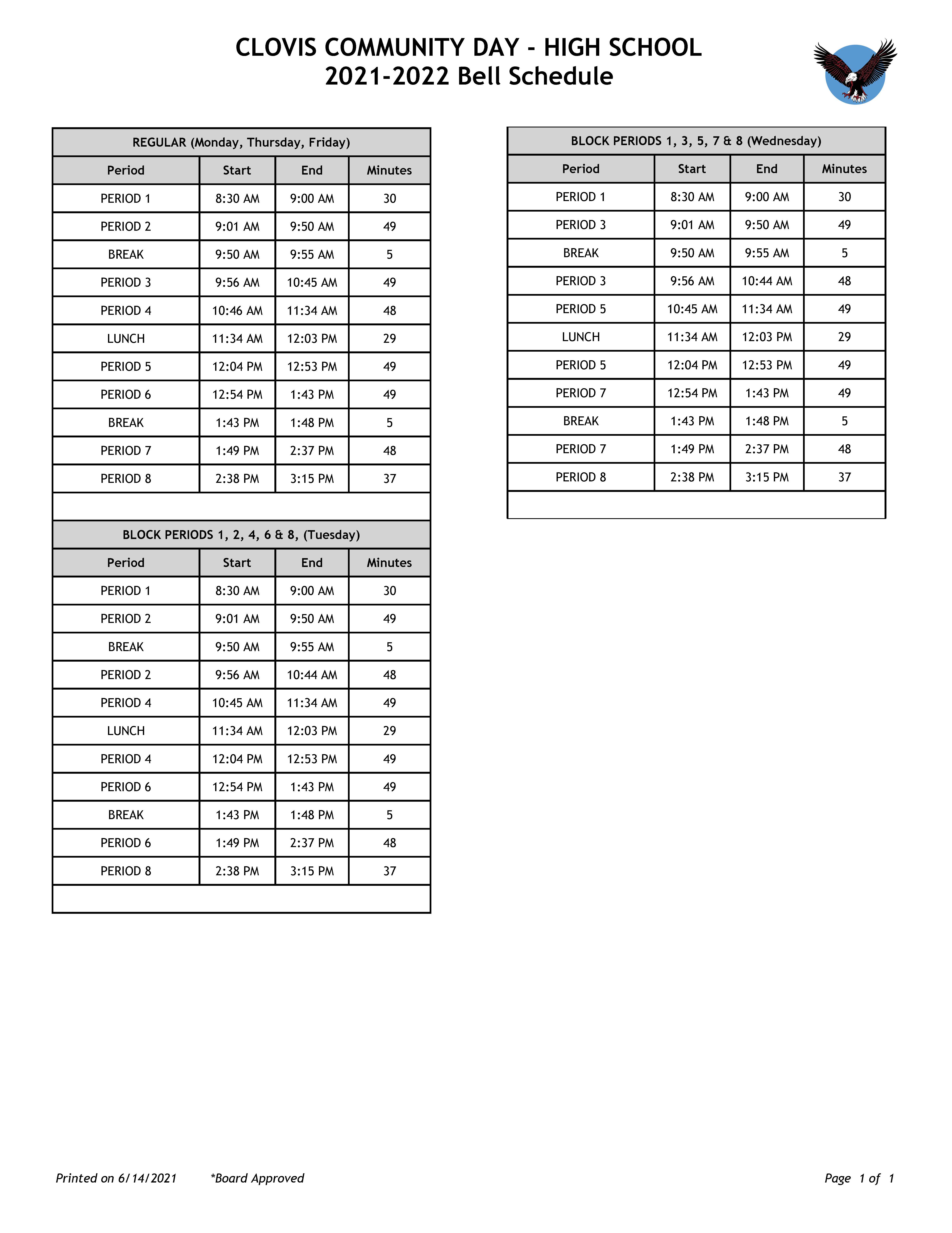 CCDS High School Bell Schedule - full copy downloadable below