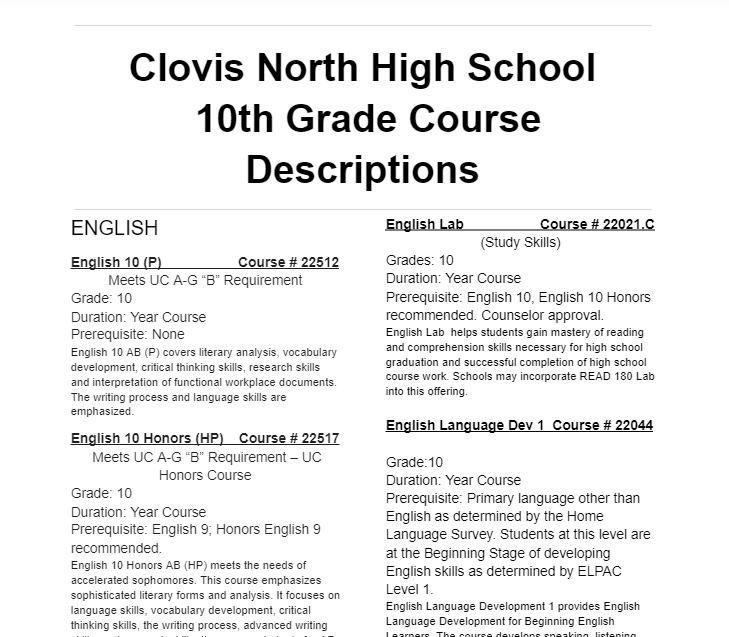 10th grade course description