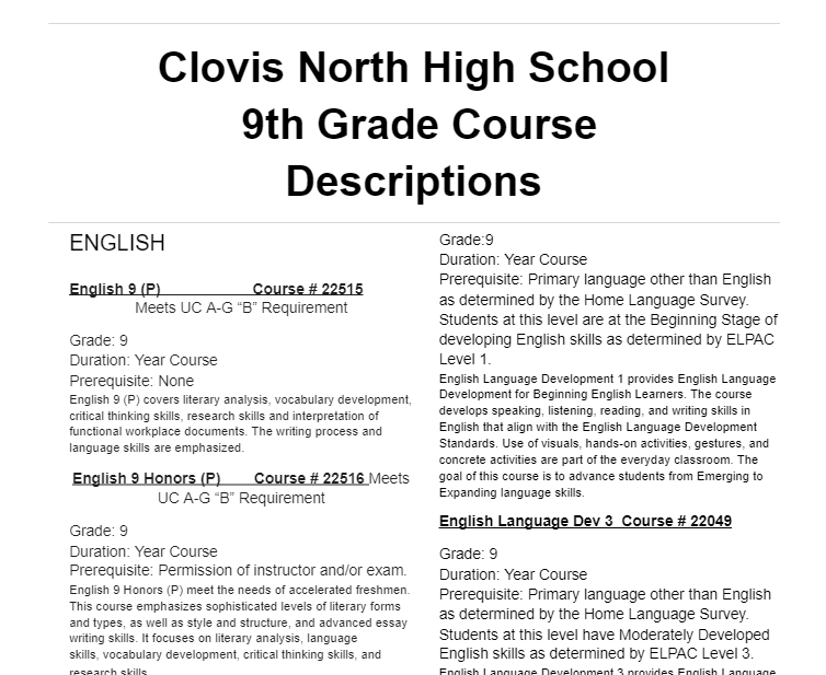 9th grade course descriptions