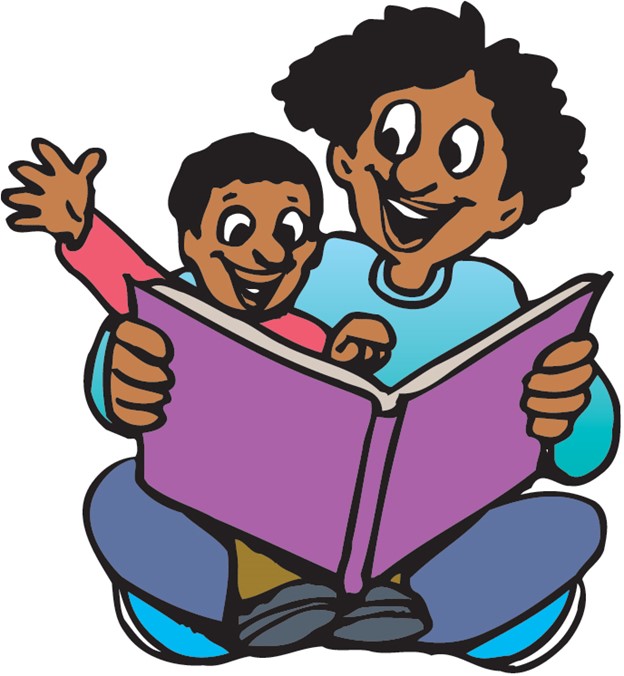 Cartoon of parent and child reading a book.