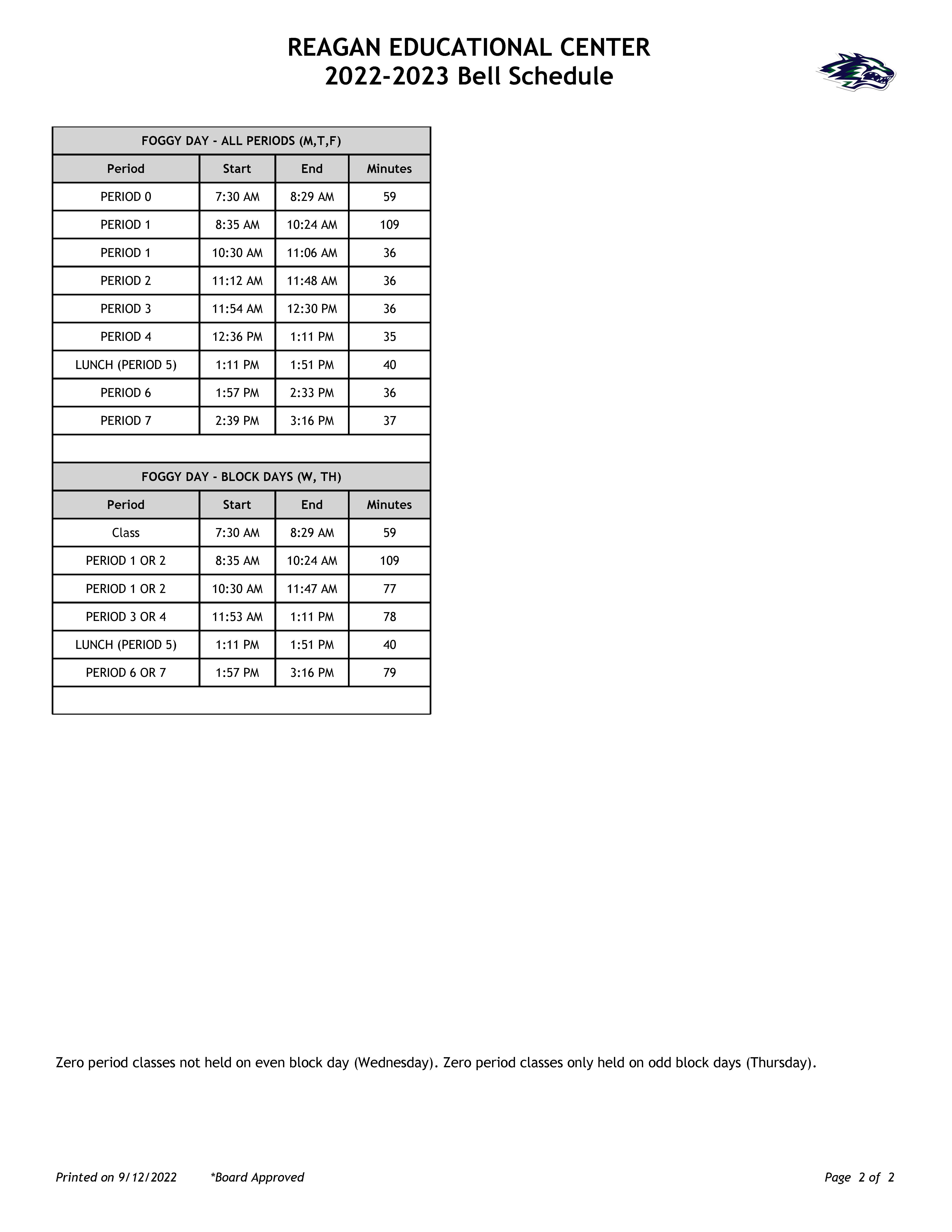 2022-2023 Bell Schedule with foggy day information