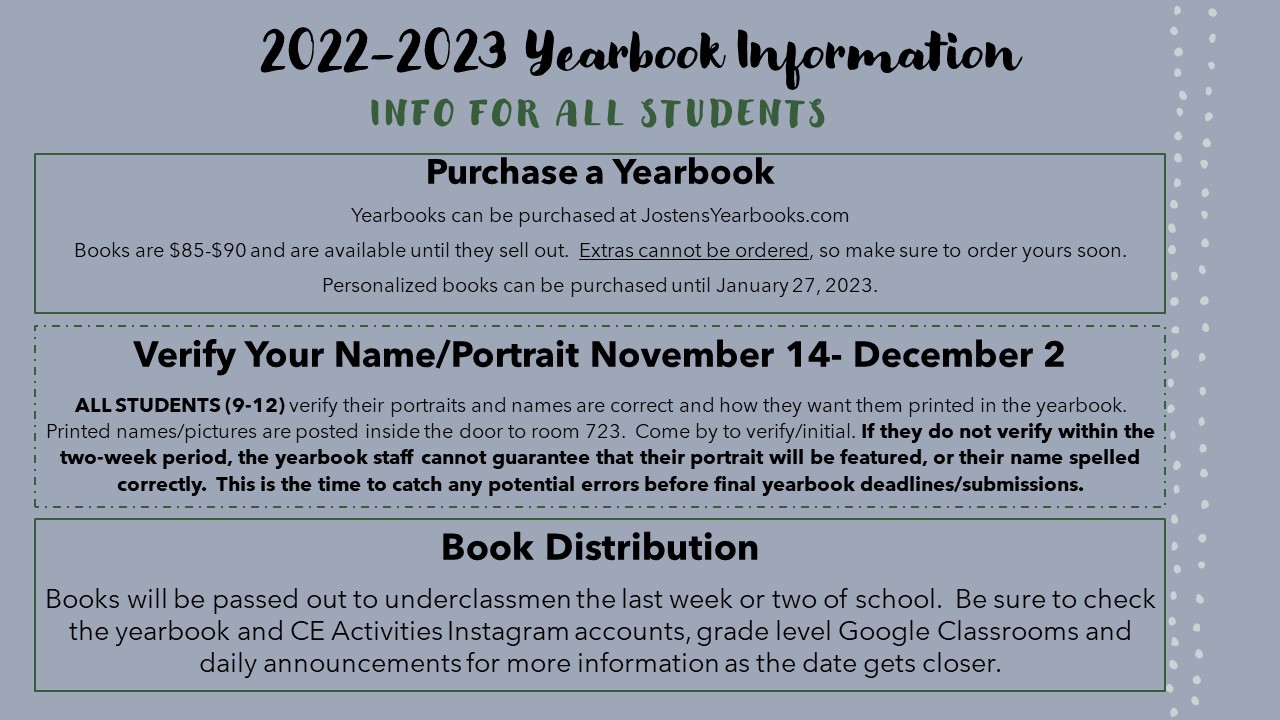 2022-2023 Yearbook Information for all students. How to purchase information 