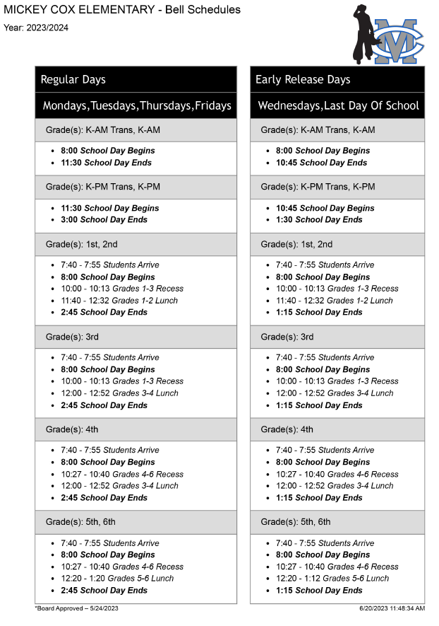 Bell schedule - full text downloadable on page