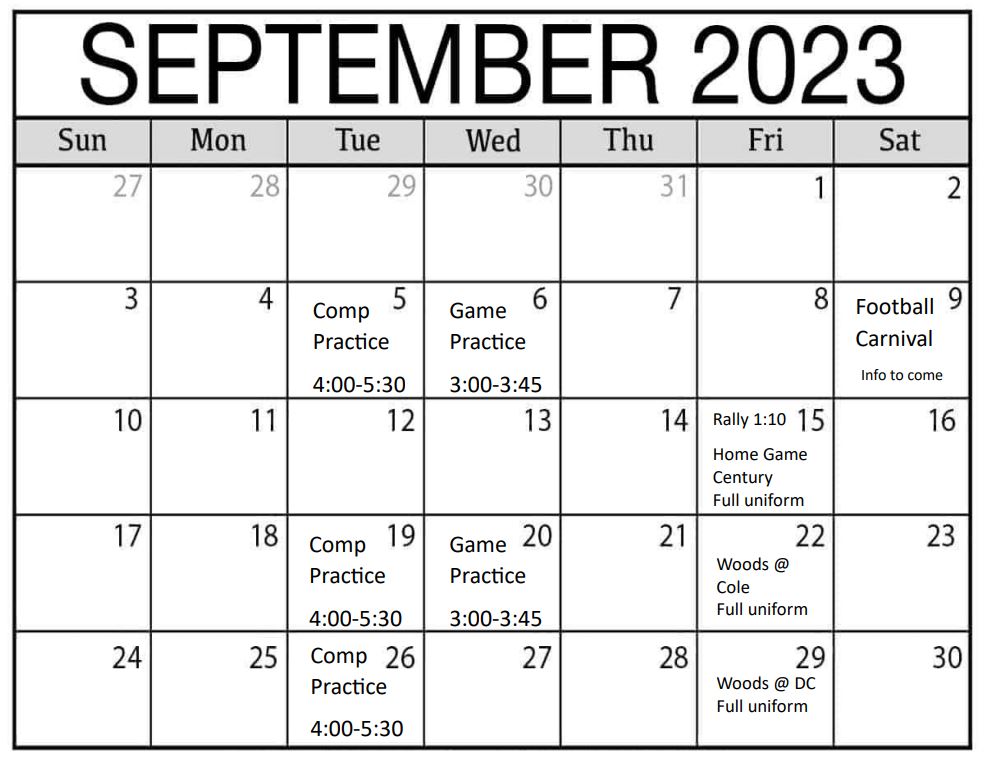 September 2023 Cheer Calendar